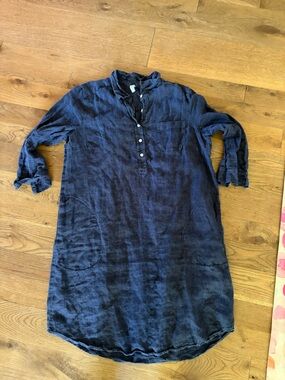 Studio 412 | Linen henley popover Dress navy 3/4 sleeve pockets